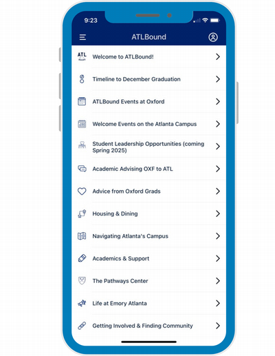 Screenshot of the ATLBound page found within the Emory Welcome App