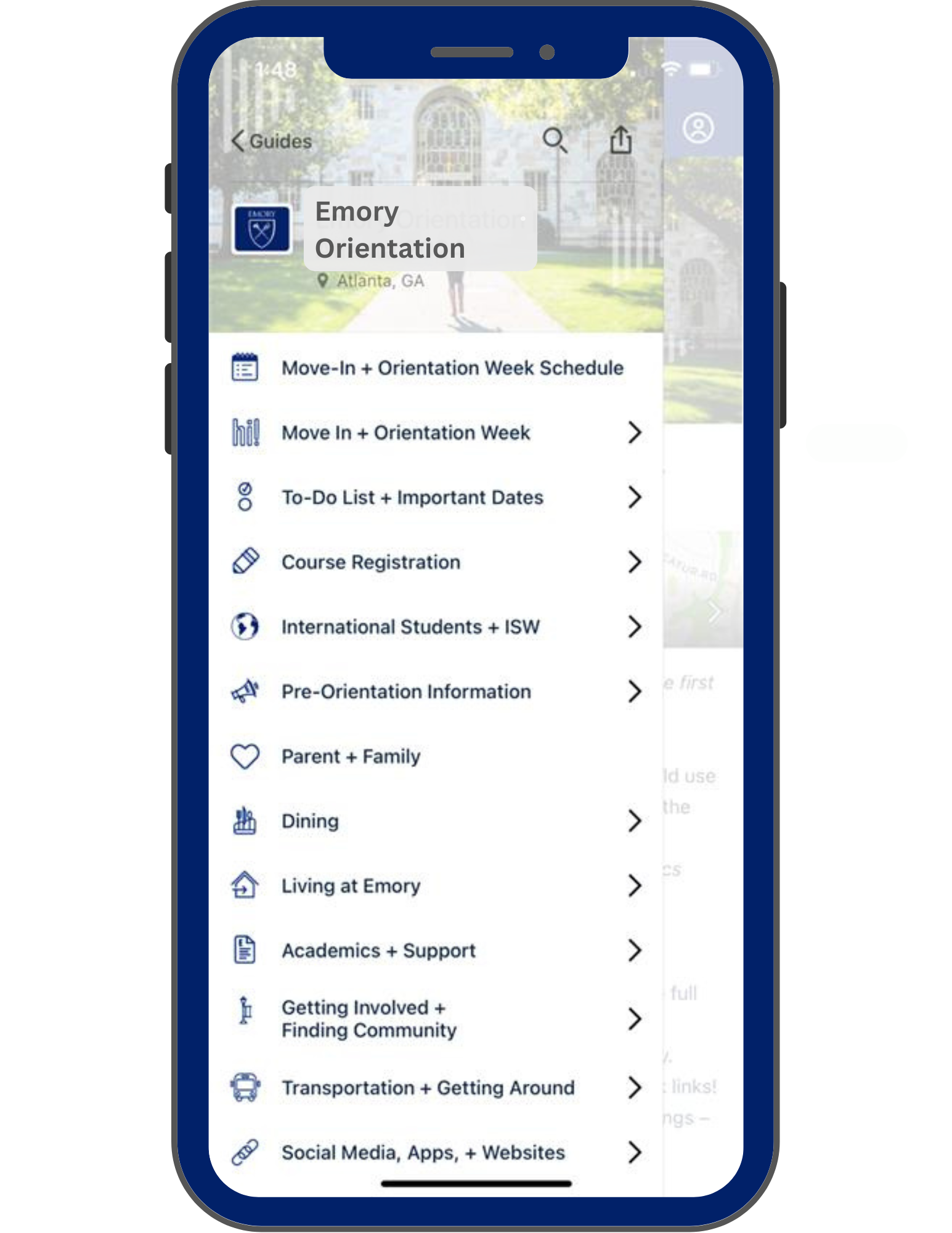 The front menu page of the First-Year Emory Orientation page in the Emory Welcome App