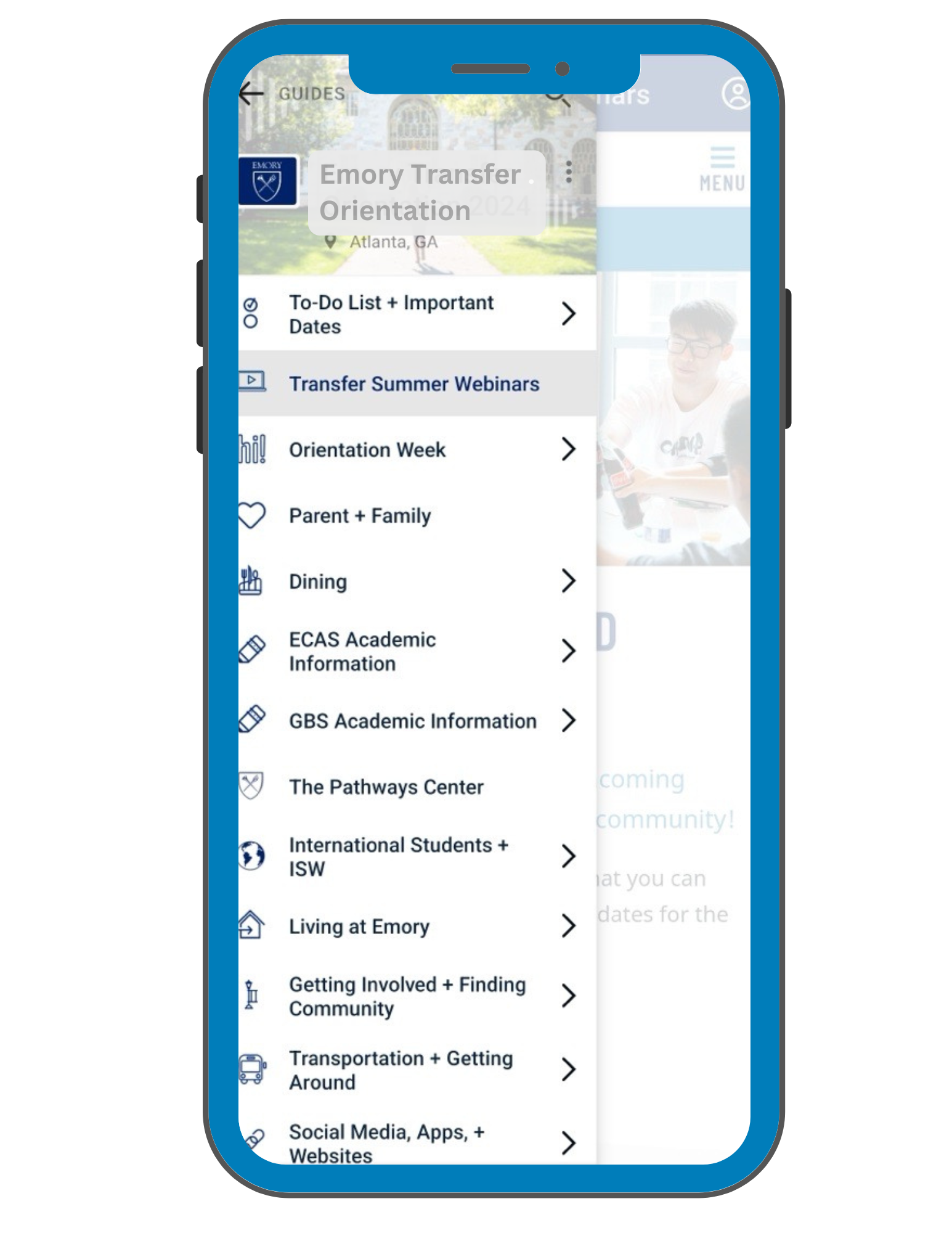 A screenshot of the Emory Transfer Orientation screen within the Emory Welcome App