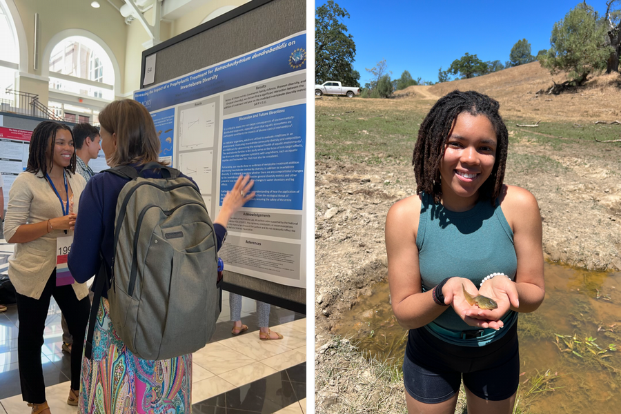 Two photos of Maya Risin. Left, Maya presents her research at UGA. Right, Maya holds a tadpole in front of a hilly landscape.